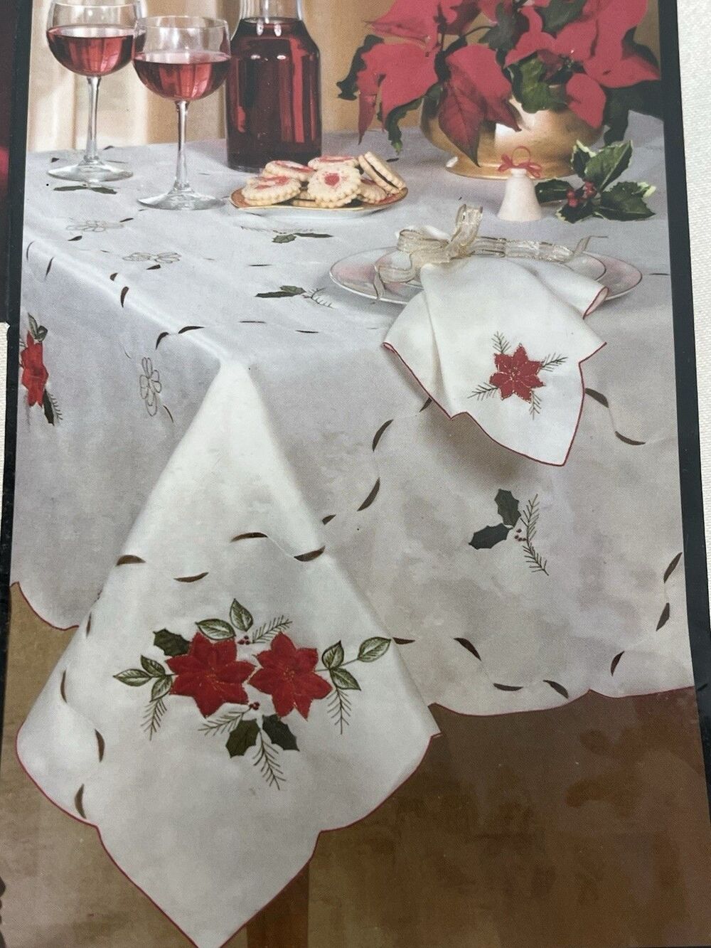 Holiday Things Christmas Poinsettia Velvet Tablecloth Cutwork Embroidered60x120